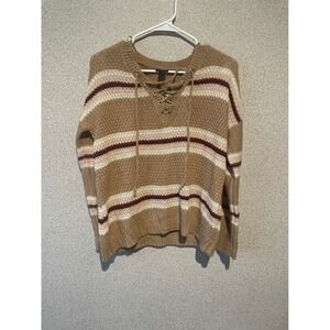 Rue21 Striped Knit Lace-Up Sweater Small‎ S Brown Pink White Bohemian Casual
